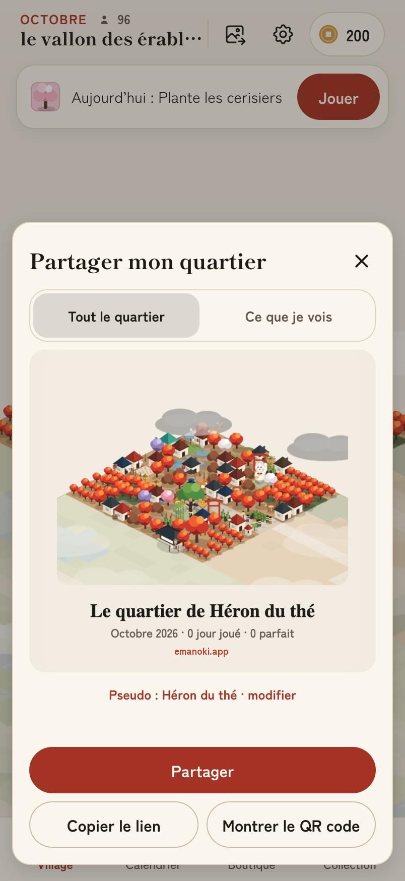 La feuille de partage d'un quartier : l'image du village, le pseudo et les jours joués